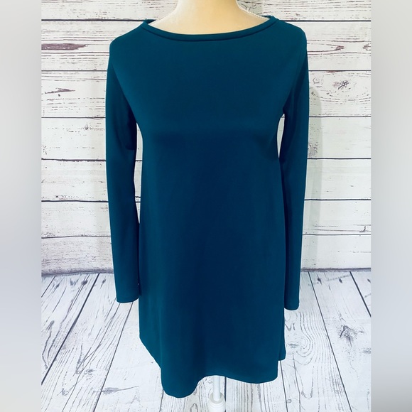 Women’s Small Dress Zara Teal Long Flare Sleeves Soft Textured U Neck - Picture 2 of 12